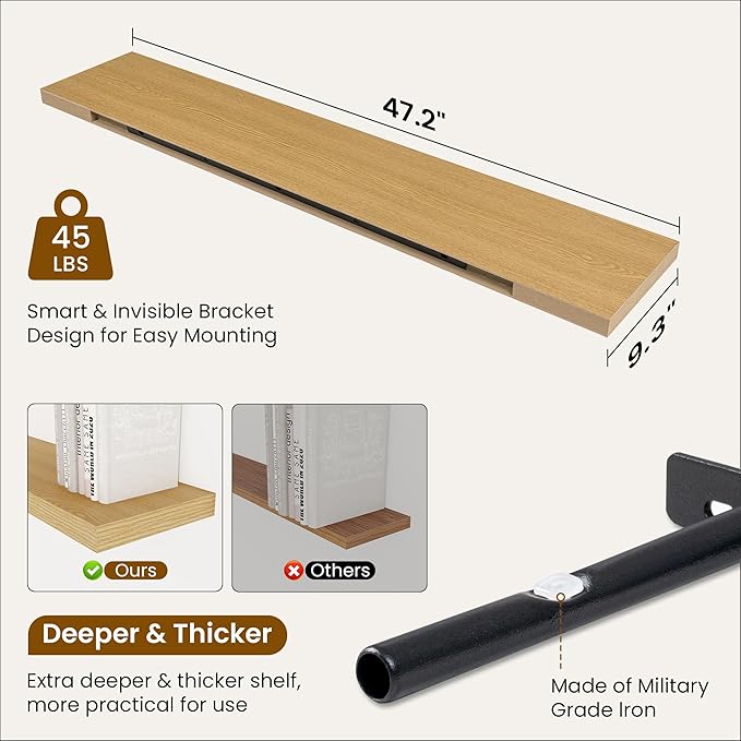 Fun Memories 48 Inch Oak Floating Shelves, 9.3 Inch Deep Wall Shelves for Living Room|Bedroom|Kitchen, Rusitc Wall Mounted Bathroom Shelves 2 Pack, Heavy-Duty Deep Shelf for Books，Decor