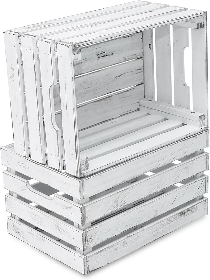 White Wooden Crates are Suitable for Storage, Milk Crates, Wine Crates, Festival Decorations, Camping, and Other Multi-Purpose. They are Sturdy and Durable, set of 2 Length of 17.7 inches.