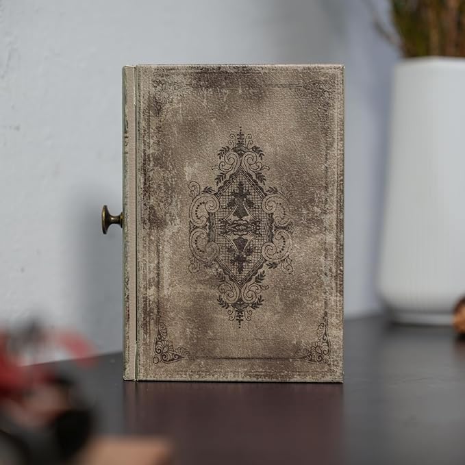 Vintage Book-Shaped Storage Box with Drawer, Distressed Vintage Brown Faux Leather Finish and Gothic Medallion Motif, Decorative Hidden Organizer for Home or Office 9.5″ x 6.7″ x 2″