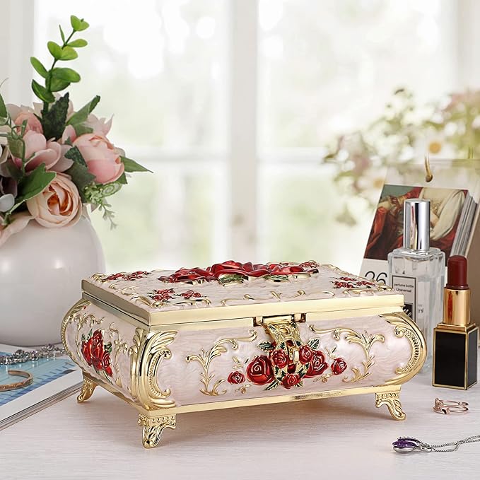 Hipiwe Metal Decorative Jewelry Box Vintage Treasure Chest Case Ornate Trinket Organizer Earrings Necklace Bracelet Storage Box Ring Holder Keepsake Box for Women