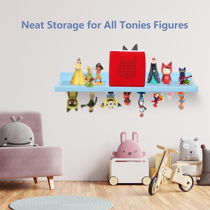 For Tonies Figures Shelf Magnetic,for Tonie Box Wall Shelves,for Tonies Characters Organizer Audio Toy Storage (Holds 36 Figurines),Compatible Charging Station for Children Kid's Room,Oak Wood,Blue