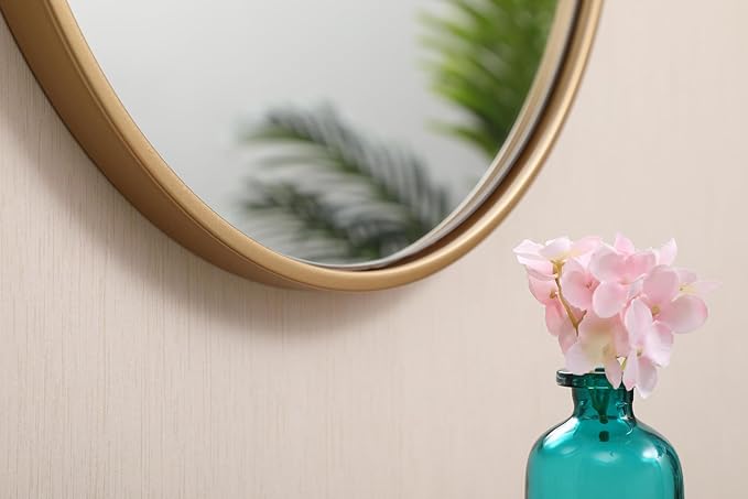 Brilliance, Metal Frame Round Mirror with Decorative Hook 18 Inch in, Midcentury Modern, Brass