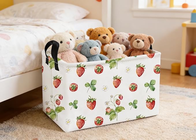 Essme Rectangular Kids Baskets,Strawberry Storage Box,Cute Basket for Kids with Handles for Room Decor, Book Bins,Shelf Basket.(Strawberry)
