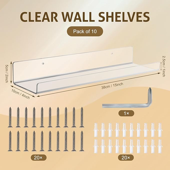 AMEITECH Clear Acrylic Wall Display Shelves 10 Pack, 15 Inch Acrylic Shelf Wall Organizer and Storage for Collectibles, Figure, Toy Cars, Perfume, Kids Bookshelf