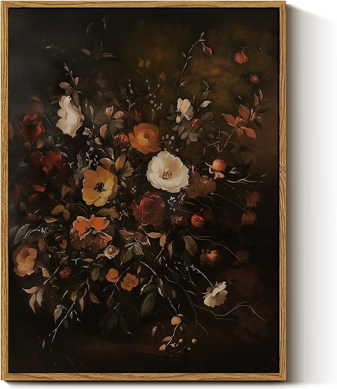 InSimSea Framed Canvas Prints Art Vintage Decor, Classical Fall Wildflower Floral Painting, Rustic Dark Autumn Flower Wall Art for Living Room Bedroom Home Bathroom Wall Decor, 12x16inch