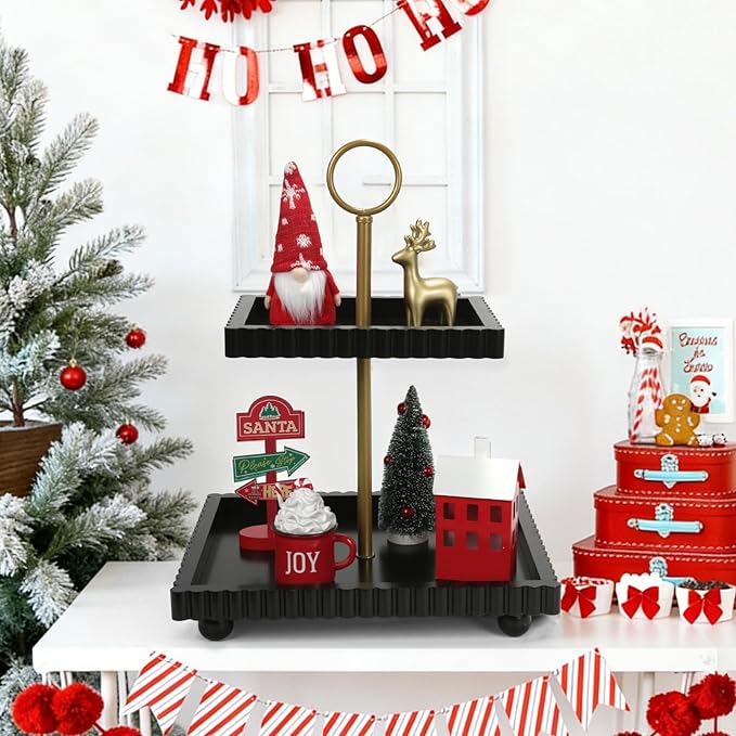 Wooden Two Tiered Tray Stand for Decor, Modern 2 Tier Black Rectangular Decorative Tray with Gold Handle Farmhouse Countertop Serving Display Stand for Home Kitchen Coffee Bar Table Centerpiece