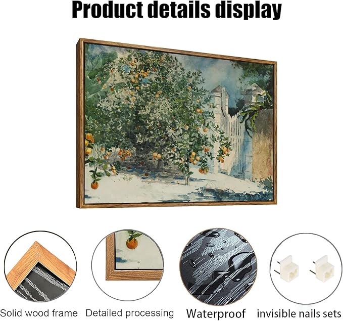 OIQArtOIQ Framed Vintage Landscape Wall Art Orange Trees Still Life Oil Painting Canvas Prints Country Farmhouse Aesthetic Decor Pictures for Kitchen Bedroom Living Room Bathroom
