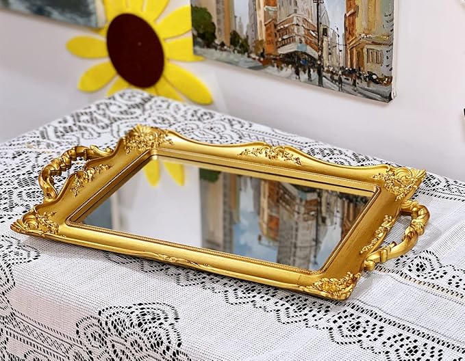 Rectangle Vintage Decorative Mirror Tray, Jewelry Cosmetics Makeup Storage Dresser Organizer Tray, Serving Tray (Golden - Rectangle)