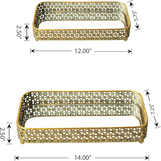Glitzhome Set of 2 Oversized Gold Mirror Decorative Trays, Rectangular Metal Vanity Jewelry Perfume Tray Dresser Tray, Elegant Hollow-Carved Jewelry Organizer Makeup Trays