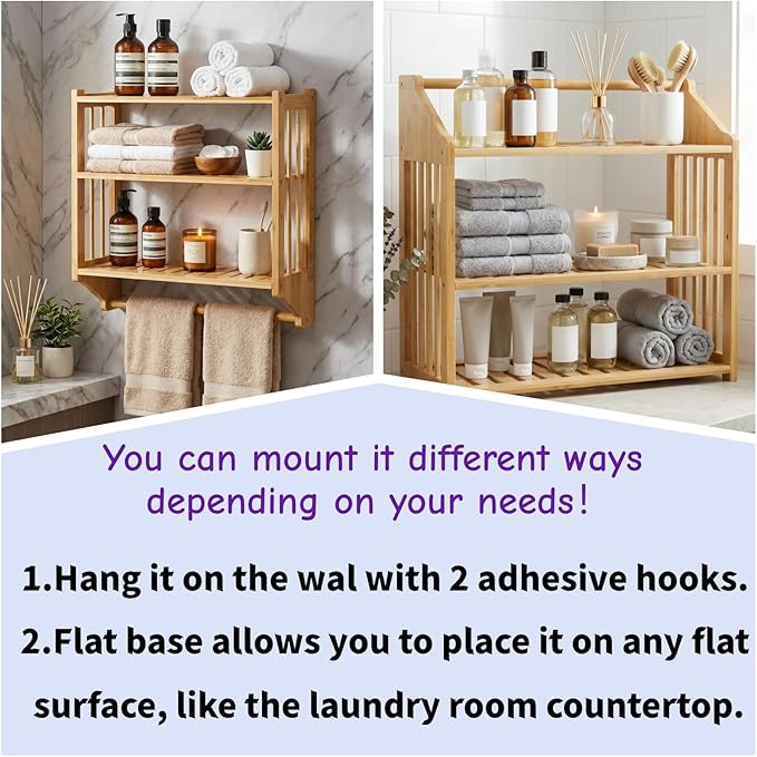 Goaste Bamboo Over The Toilet Storage Shelf, 3-Tier Wall Mounted Bamboo Rack Organizer, Floating Rack with Hanging Rod, Free Standing Shower Shelf with Adjustable Layer for Kitchen, Bathroom, Home