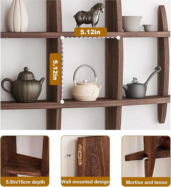 Solid Wood Chinese Tea Cup Holder, Wall Mounted Teapot Display Stand, Wall Decoration Teaware Shelf Storage Rack for Living Room Kitchen Office Commercial (Dark Walnut Color, 39x39'')