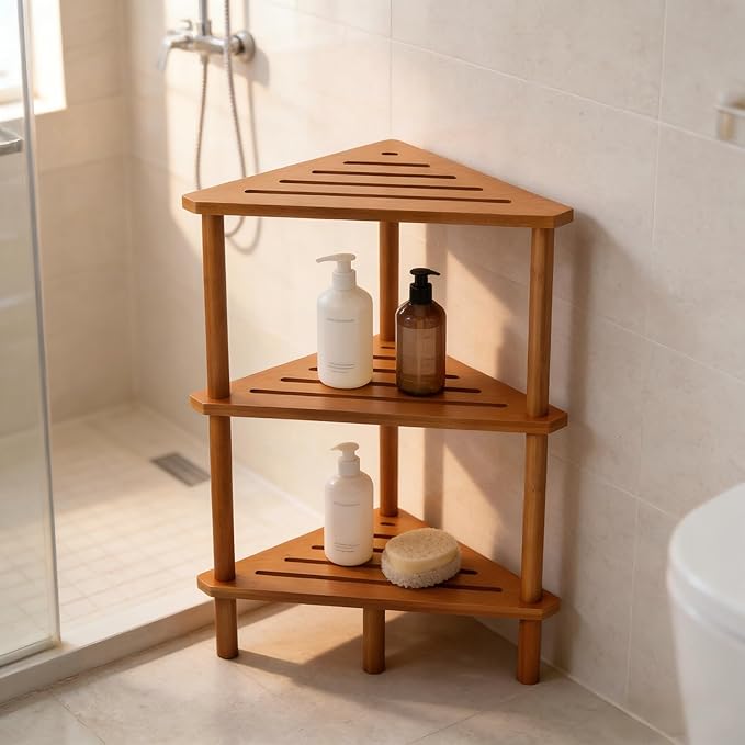 Yoshiky 3-Tier Free Standing Corner Shower Caddy, Bamboo Wood Bathroom Shower Shelf Table for Inside Shower Organizer & Storage Foot Rest Shower Stool