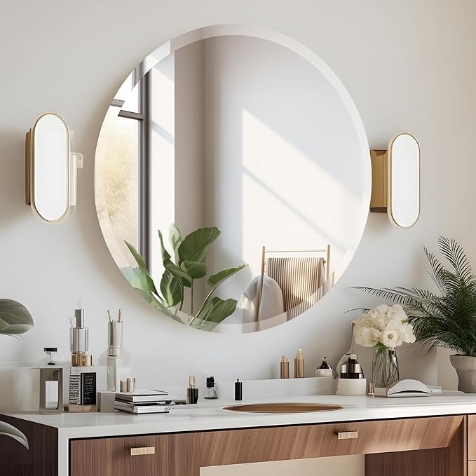 24 Inch Round Frameless Bathroom Mirror, Beveled Round Mirror, Circle Vanity Mirror with 1" Beveled Edge for Bathroom, Entryways, Living Room