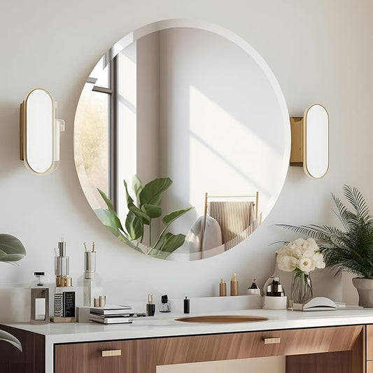 28 Inch Round Frameless Bathroom Mirror, Beveled Round Mirror, Circle Vanity Mirror with 1" Beveled Edge for Bathroom, Entryways, Living Room