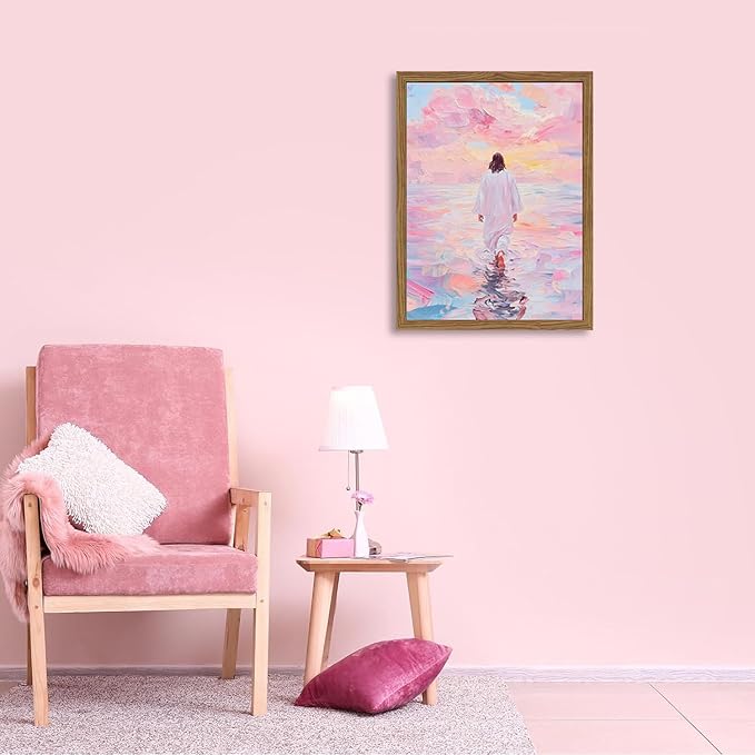 Pink Jesus Walking On Water Wall Art, Frame 3D Textured Hand Drawn Sandstone Christian Wall Decor Paintings Religious Savior Pictures for Living Prayer Room Bedroom, 16x24 in Wood Framed