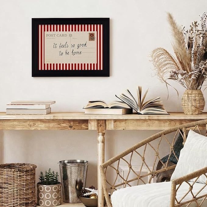 Red Vintage Postcard Poster It Feels So Good To Be Home Quote Wall Art Mid Century Modern Striped Canvas Prints for Living Room Bedroom Wall Decor 16X20 inch Vintage Framed