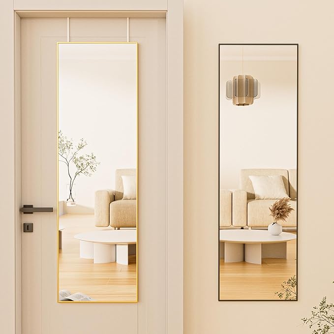 BEAUTYPEAK 14" x 48" Adjustable Height Over The Door Mirror, Rectangular Full Length Hanging Door Mirror with Shatterproof Tempered Glass Aluminum Alloy Frame for Dormitory, Black