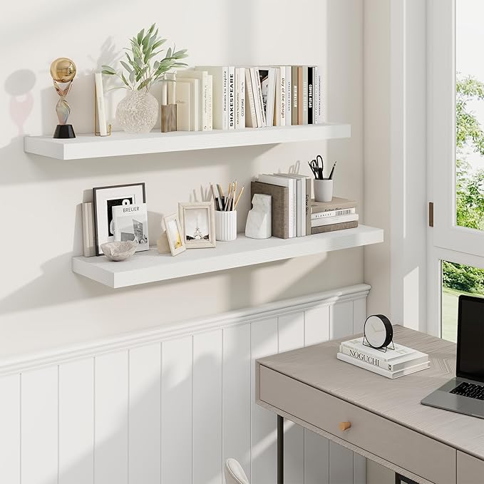 Fun Memories 40 Inch White Floating Shelves, 9.3 Inch Deep Wall Shelves for Living Room|Bedroom|Kitchen, Rusitc Wall Mounted Bathroom Shelves 2 Pack, Heavy-Duty Deep Shelf for Books，Decor