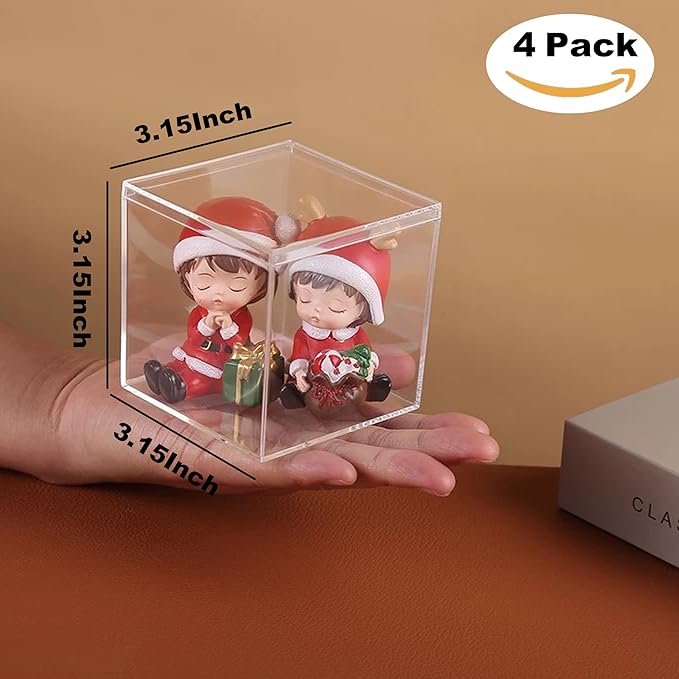 KissYou Acrylic Box Clear Boxes with Lid Plastic Square Cube 4 Pack Small Plastic Storage Box Graduation Party Decoration Box
