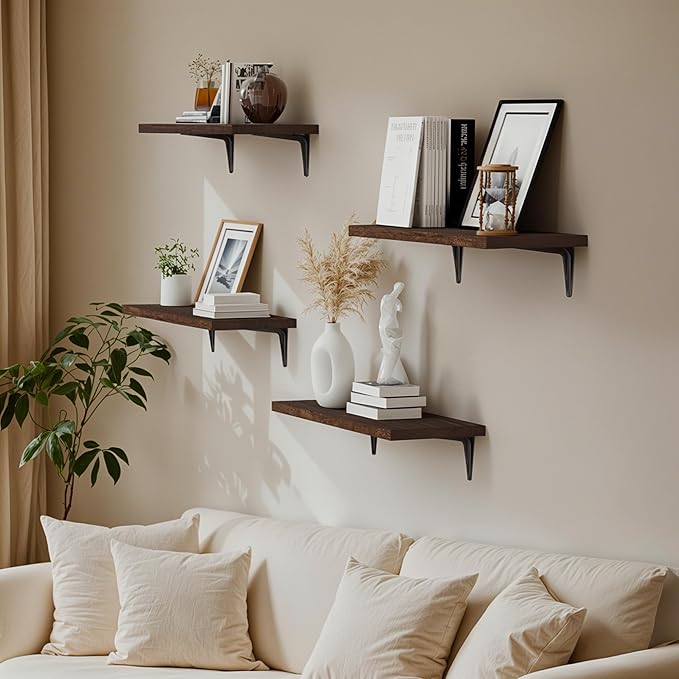SKYSEN Floating Shelves for Wall Set of 6, 15.7in Wood Wall Shelf for Decor, Bathroom, Bedroom, Storage, Book,Kitchen, Living Room - Dark Brown(fs-40-d)