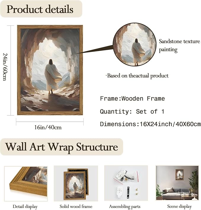 Jesus Leaves the Tomb Wall Art Easter Christian Wall Decor Painting Jesus Resurrection Artwork Religious 3D Textured Hand Drawn Sandstone for Bedroom Living Prayer Room 16x24 inch Wood Framed