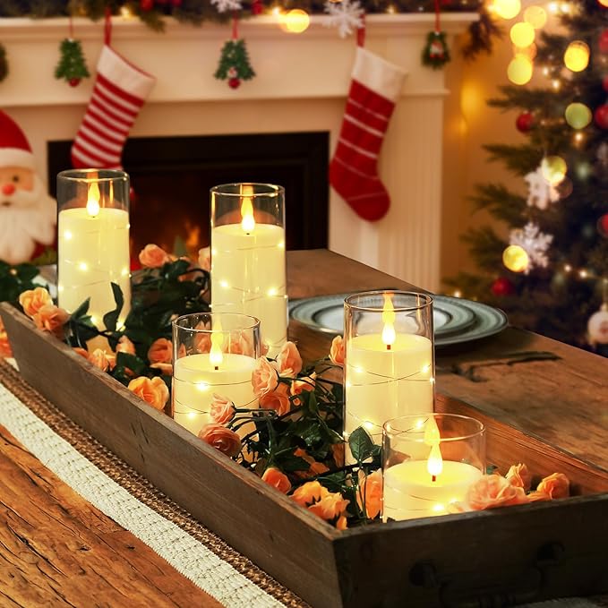 Homemory Pure White Flameless Candles with Embedded Star String Fairy Lights, Battery Operated Candle, LED Candles, Fake Candles with Remote Control and Timer, Set of 5(H4"5"6"8"8")