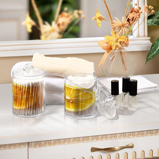 Nander 4Pack Fresh Lemon Slices Qtip Holder Dispenser -Clear Plastic Apothecary Jars Set - Restroom Bathroom Makeup Organizers Containers for Cotton Swab, Ball, Pads, Floss