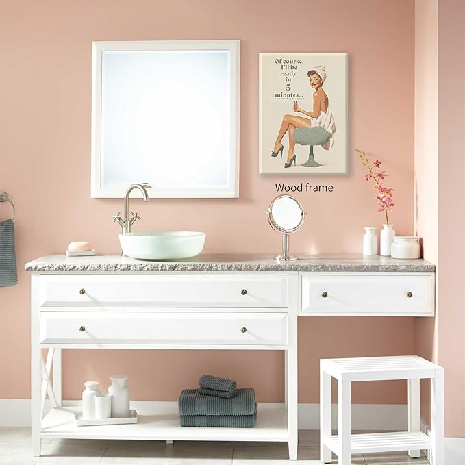 Boho Sage Green Bathroom Poster Vintage 70s Pin Up Girl Wall Art 08x10 inch Framed Of Course I'll Be Ready in 5 Minutes Canvas Prints for Toilet Lavatory Wall Decor