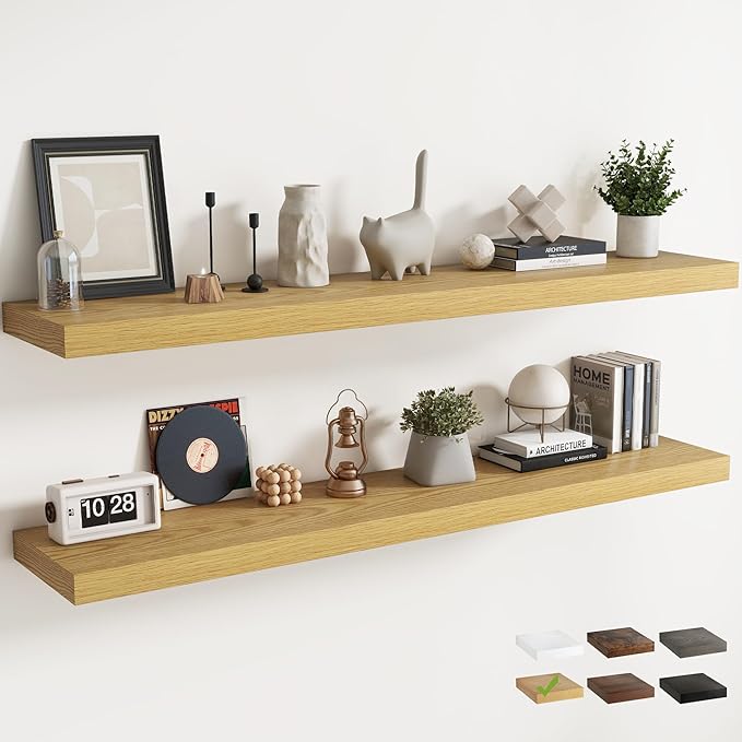 72 Inch Floating Shelves for Wall with Invisible Brackets Set of 2, 12"D Engineered Wood Wall Shelves with Wood Grain for Living Room, Bedroom, Bathroom, Kitchen Decor and Storage, Oak Finish