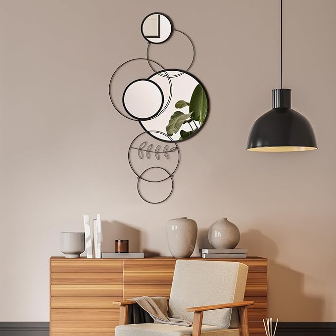 Hicarer Wall Mirror Decorative 41.34'' x 17.72'' Round Modern Metal Wall Mirrors Set for Living Room Circle Plates Overlapping Decorations for Hallway Entryway(Black)