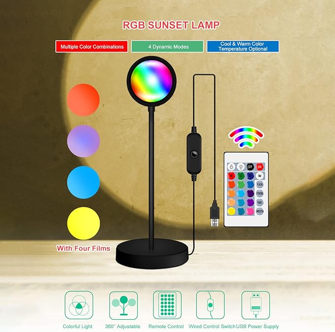 Dioche Sun LampRGB Sunset Atmospheres Lamp | 360° Adjustable Sunset Projection Light with Remote Controller | USB Powered Romantic LEDs for Living RoomBedroomThemed Party Decoration (White)