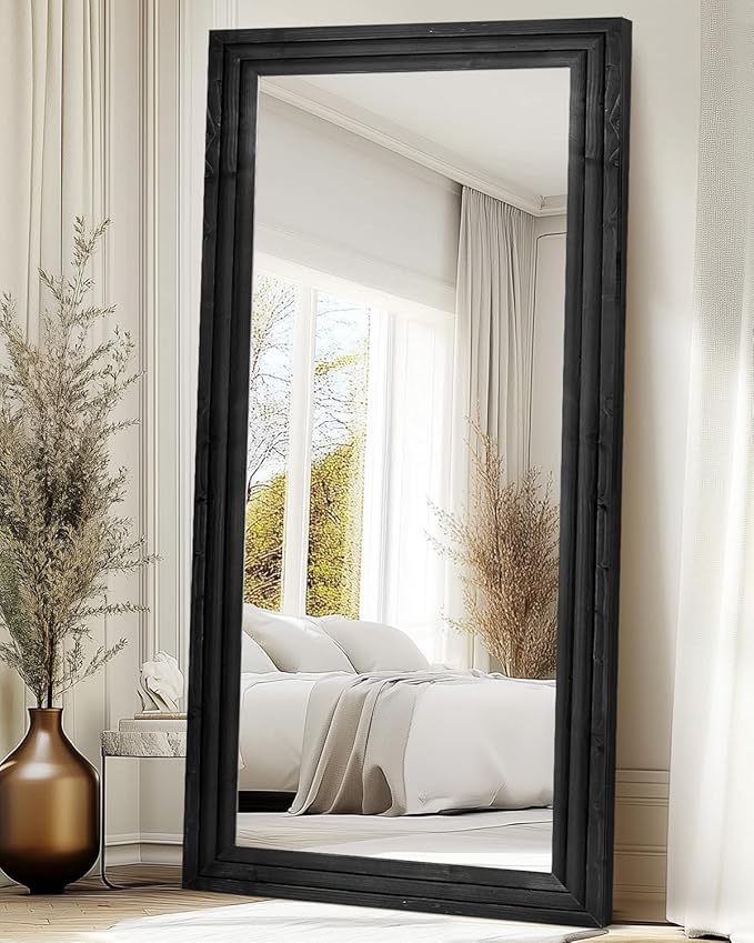Full Length Mirror 76"x34" Solid Wood Frame Floor Large Mirror for Living Room, Bedroom Hanging or Leaning Wall-Mounted, Black