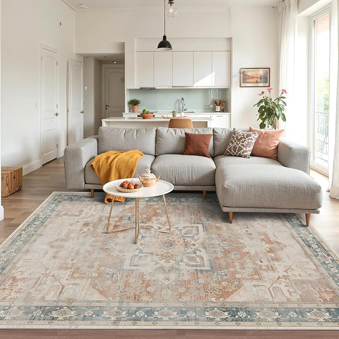Rugxara 4X6 Rug,Washable Area Rugs for Living Room, Orange Boho Rug,Neutral Vintage for Bedroom, Dining Room, Kids Room, Farmhouse, Low Pile Non Slip Carpet for High Traffic Areas, Coral(Orange&Blue)