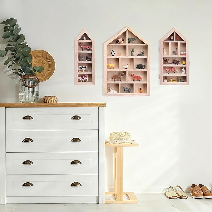 DoubleFill Set of 3 Wooden Trinket Display Shelf Shadow Box with Shelves 10 x 15 Inch Large Wall Mounted Display Storage Mini Figures Curio Trinket Medals Crafts Collections(Wood Color,House Shape)