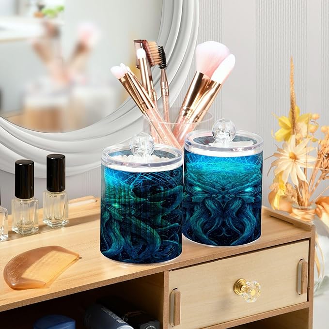 Monster Creature Print Bathroom Containers Holder with Lids Set Clear Jars 2 Pack Plastic Makeup Storage Organizer 4.13 x 2.75In for Vanity Floss Picks Balls