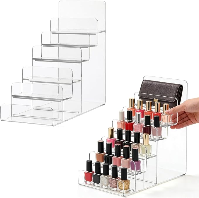 Cabilock 6-Tier Clear Acrylic Display Stand - Multi-Level Wallet Organizer for Sunglasses and Purse Display, Tiered Perfume & Cologne Stand for Men, Slim Riser for Artist Alley & Vendor Craft Show