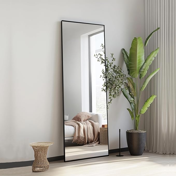 Sunniry Full Length Mirror, Full Body Mirror with Aluminum Metal Frame, Standing Mirrors for Bedroom, Livingroom, Cloakroom, Hallway, Home Décor. (56x16 inch, Black)