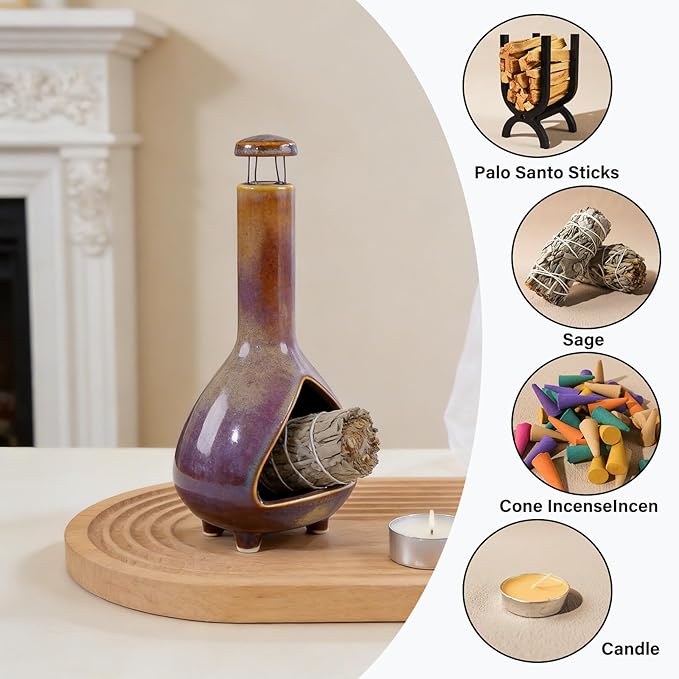 MOUGIGI Ceramic Palo Santo Holder - High Temperature 1200°C Mini Chiminea for Sage, Incense & Palo Santo Sticks - Elegant Gradient Glaze Design for Energy Cleansing, Yoga, Meditation & Aromatherapy
