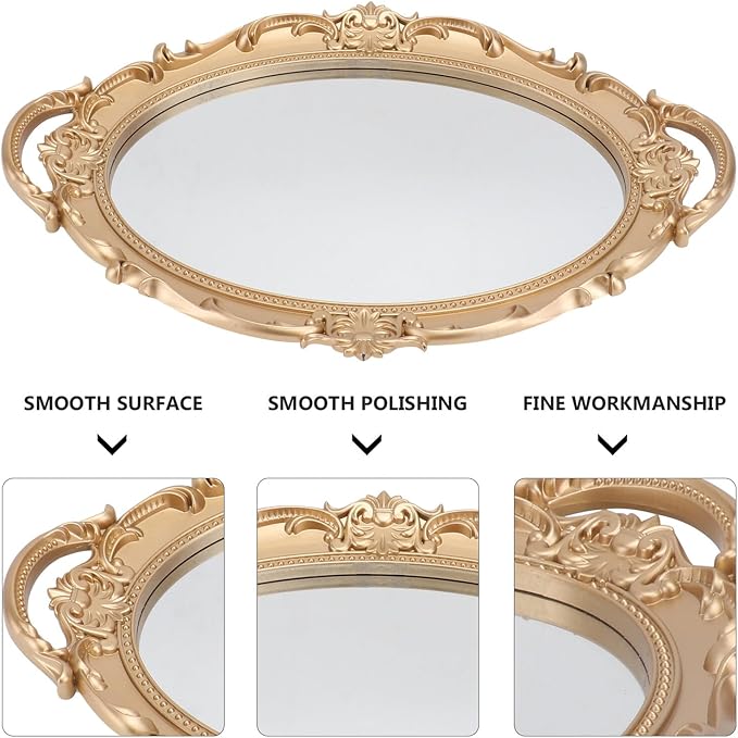 DOITOOL Vintage European Style Gold Oval Mirror Tray Decorative Jewelry and Perfume Storage Plate Photography Prop for Makeup Organizer
