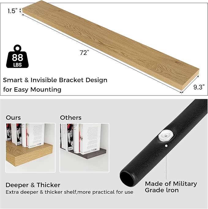 Venusmiles Floating Shelves for Wall, Engineered Wood Wall Shelves with Invisible Brackets for Living Room Bedroom Bathroom Office Kitchen Decor and Storage (Oak, 72" W x 9" D x 1.5" H) Set of 1