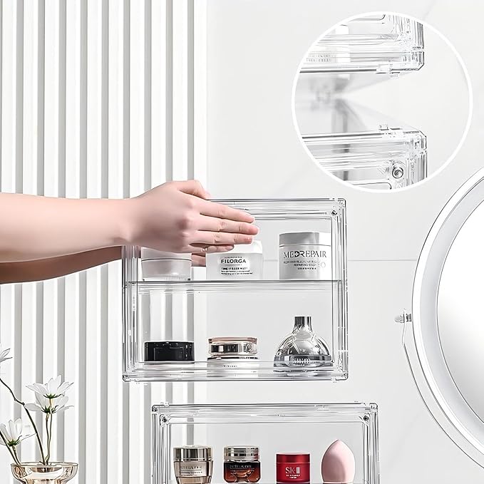 Single-Shelf Transparent Acrylic Display Case with Magnetic Door - Compact Stackable Makeup Organizer (10.6"x8.7"x5.1") - Dustproof Box for Cosmetics, Jewelry, Skincare & Collectibles