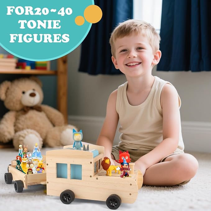 Train for Tonies Box 1/2 Organizer Storage Shelf, Wooden Bus Magnetic Storage Holder for Toniebox Player Tonies Figures Characters for Children, Display Collection 20~30 Tonie Box Characters