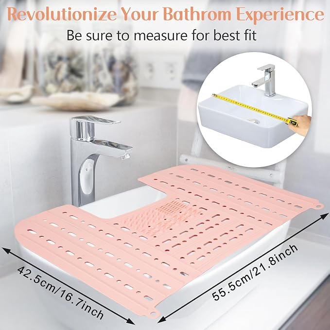 Bathroom Sink Cover for Counter Space, Foldable Silicone Makeup Mat with Hanging Loop Heat-Resistant Sink Cover for Makeup, 22 * 17" Space Saver Sink Organizer Mat for Bathroom, Pink