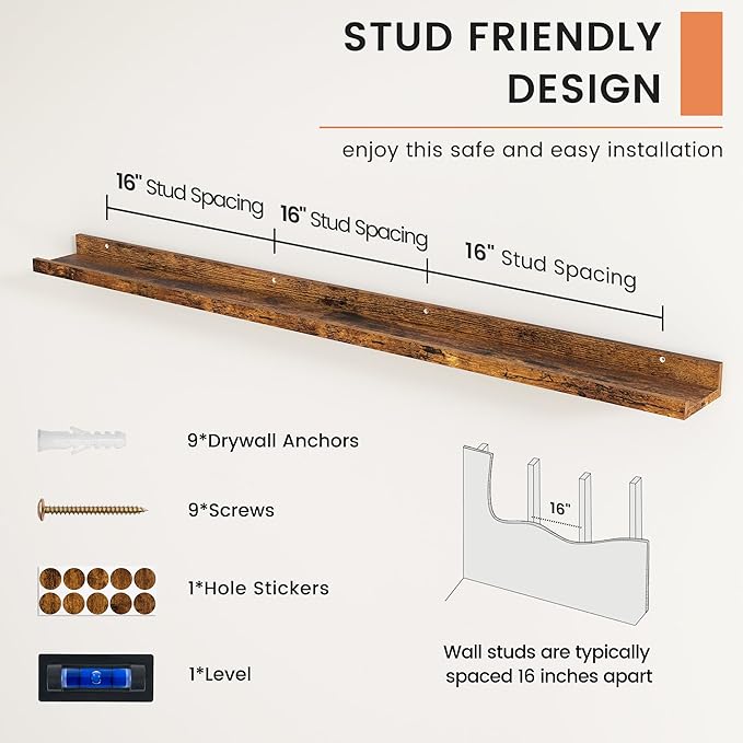 FLYJOE Picture Ledge Shelf, Floating Shelves Set of 2, 52 Inches Nursery Book Shelves for Toys Storage, Kids Bookshelf Wall Mounted for Living Room Bedroom Decor Books Photo Frames, Rustic Brown