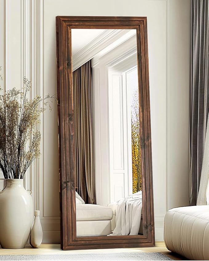 Full Length Mirror 65"x22" with Stand Solid Wood Frame Floor Large Mirror for Living Room, Bedroom Hanging Standing or Leaning Wall-Mounted, Brown