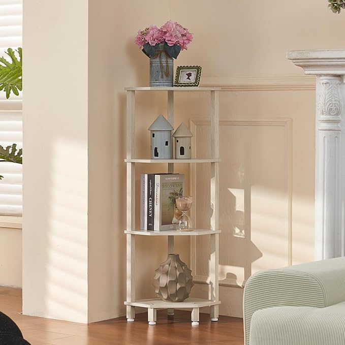 YUFAM 4-Tier Corner Shelf with Sturdy 5-Leg Base, 41in Tall Narrow Bookcase for Small Spaces, Wooden Plant Display Shelf, Thin Bookshelf for Living Room, Bedroom, Office, Grey White