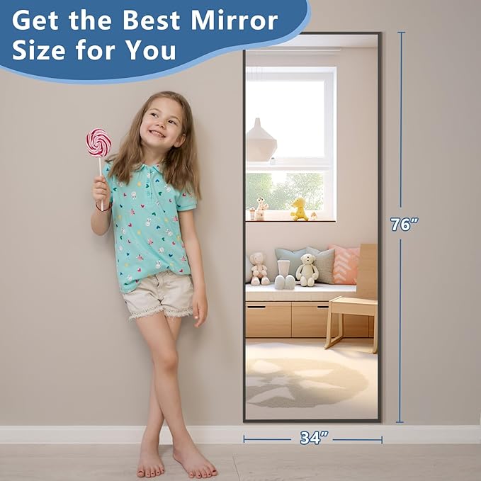 56"X18" Full Length Mirror, Black Floor Mirror with Stand Hanging or Leaning Against Wall Aluminum Alloy Frame Wall Mirror Full Length Tempered Glass for Bedroom Living Room