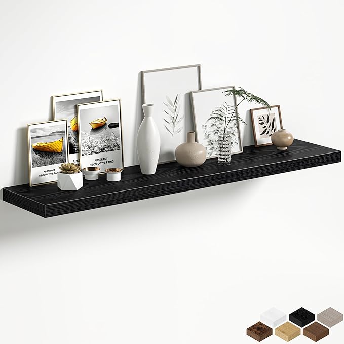 Black Floating Shelves for Wall, 55 Inch Floating Shelves Set of 1, Wall Mounted Rustic Wood Shelf for Bathroom, Living Room, Bedroom and Kitchen, Hanging Shelf for Storage, Books, Home Decor