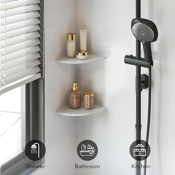 Lovdeco 2 Pcs Carrara Marble Corner Shower Shelf, Polished 9" Round Edge Corner Shelves for Bathroom, Shower, 2 Piece