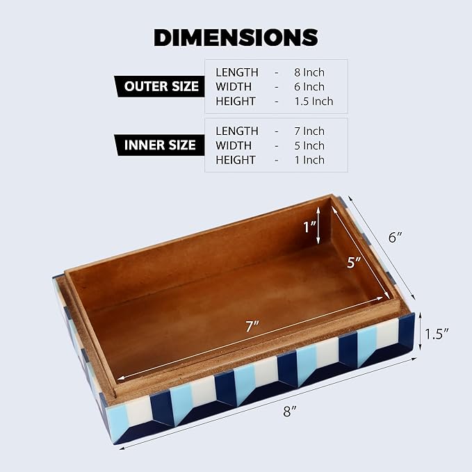 Handicrafts Home Blue Decorative Storage Box with Lid– Slim Rectangular Storage Box, Modern Resin Inlay Wooden Box, Remote Holder, Desk Organizer, Keepsake & Jewelry Box for Coastal Decor- 6x8x1.5